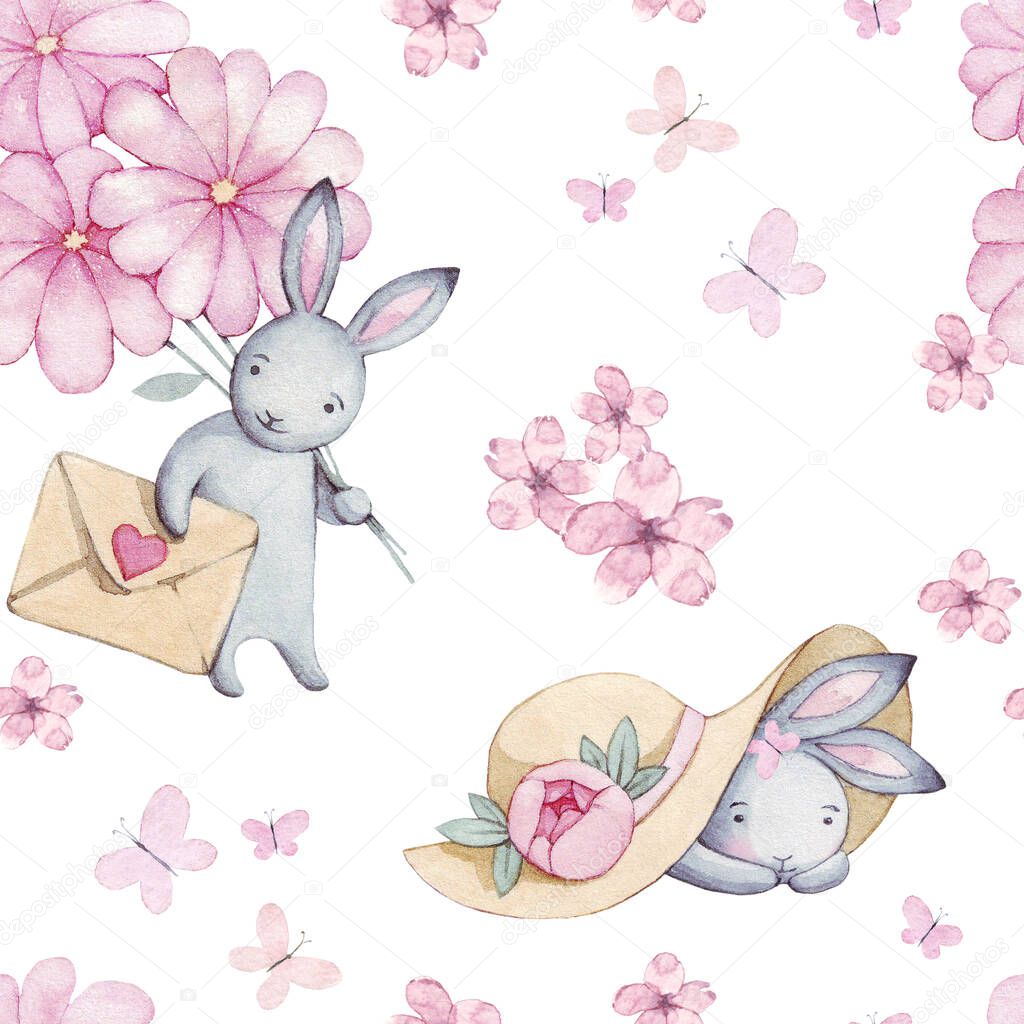 Beautiful seamless watercolor pattern with cute rabbit in hat and pink flowers, butterfly and heart.Perfect for your project, packaging, wallpaper, cover design, invitations, birthday, valentine's day