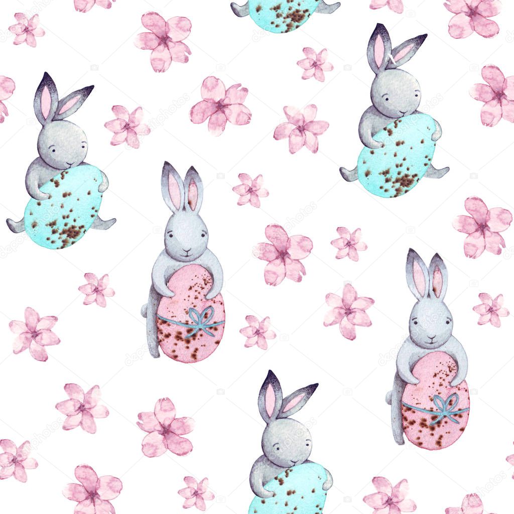 Cute watercolor Easter pattern. Hand drawn seamless texture with white rabbits, pink flowers and colored eggs. Stylish cute easter background. 