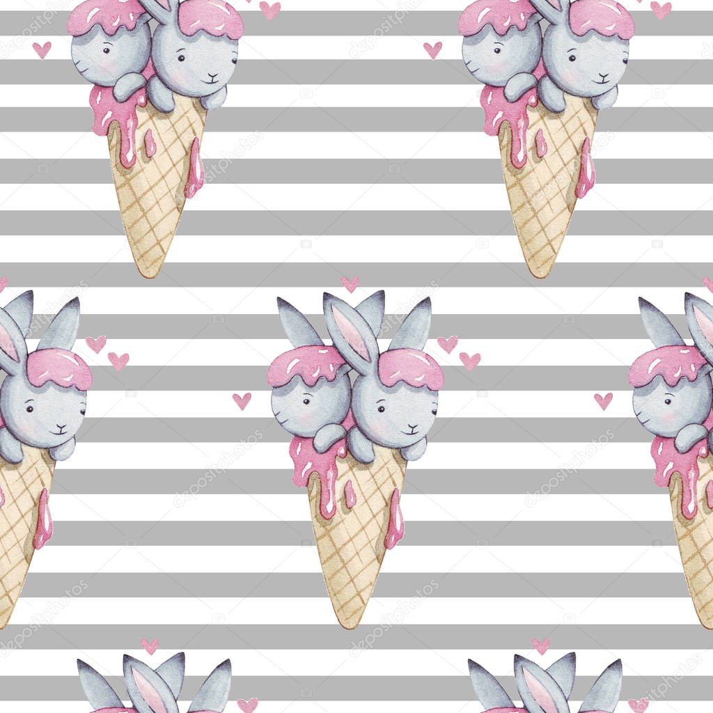 Cute watercolor seamless pattern with bunny in ice cream. Hand painted background. Watercolor illustration for print, textile.