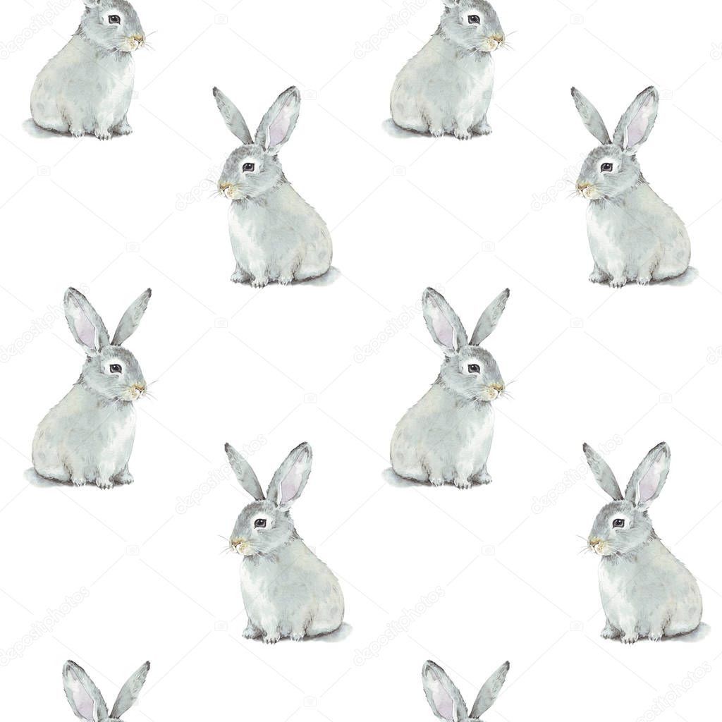 Cute seamless pattern with watercolor bunny, rabbit, hare. Hand drawn isolated on a white background on paper texture. Easter themed background. 
