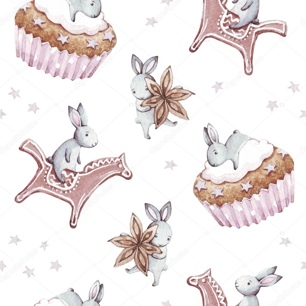 Cute bunny. Hand drawn watercolor seamless pattern with rabbit cartoon animals, birthday cake, anise, gingerbread and star. Celebration and christmas concept. Children party background. Vintage texture