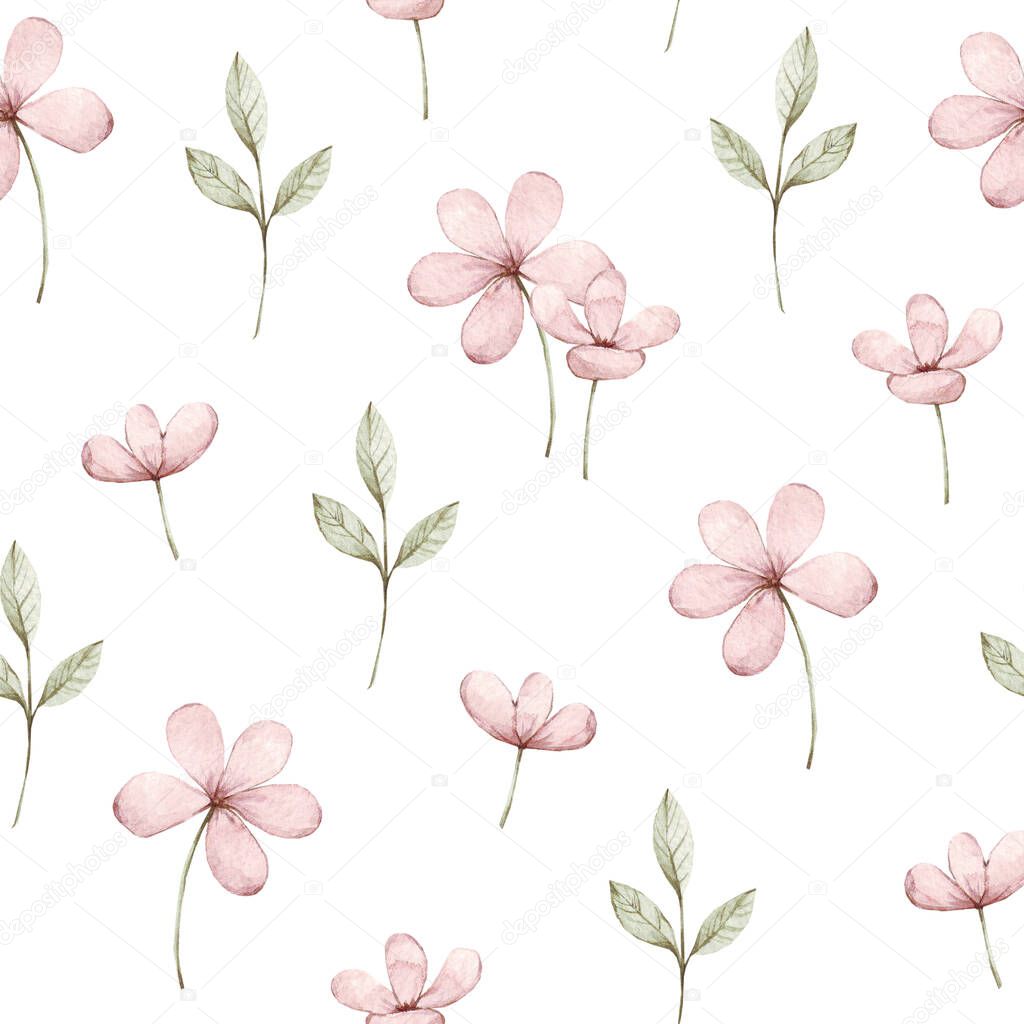 Cute pink flowers on a white background. Seamless pattern. Watercolor illustration. Fabric wallpaper print texture. Perfectly for wrapper pattern, frame or border, background, texture.