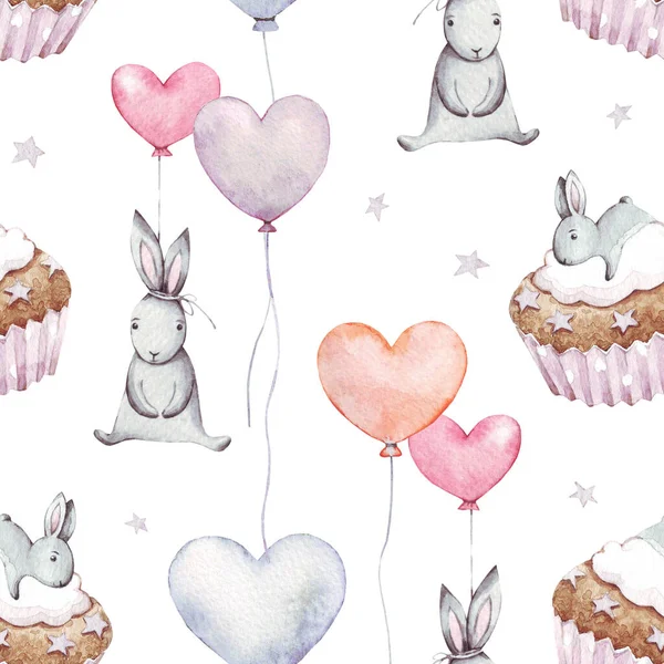 Cute baby rabbit animal with cake and pink, blue, orange ballon seamless pattern, watercolor illustration for children clothing, wallpaper. For cases design, nursery posters, postcards, print .