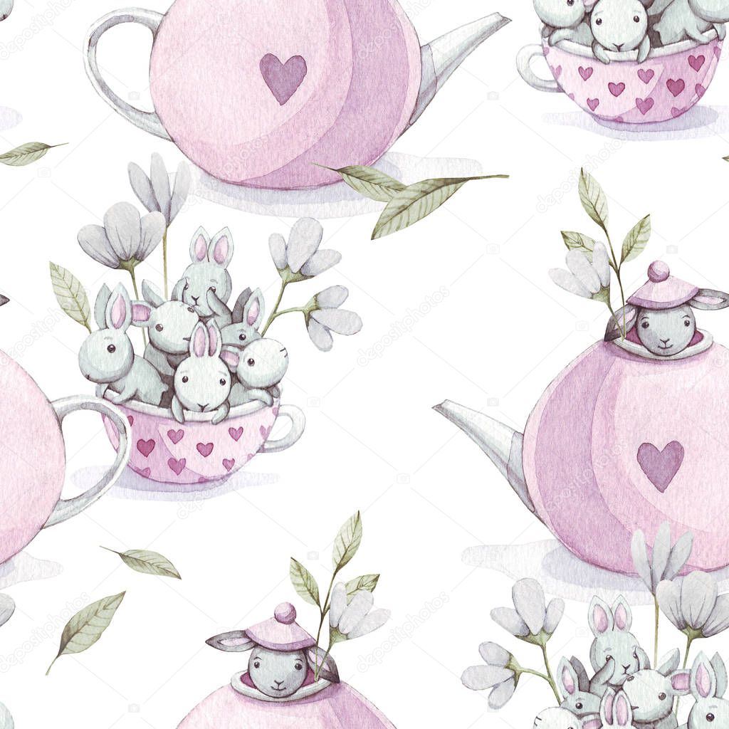 Cute baby rabbit animal with flower in pink teapot ahd cup seamless pattern, illustration for children clothing.  Hand drawn watercolor image for cases design, nursery posters, postcards, print.