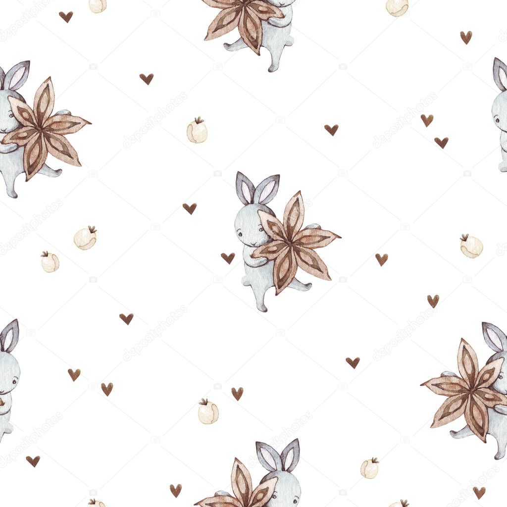 Cute baby rabbit animal with anise star and white berry seamless pattern, illustration for children clothing.  Hand drawn watercolor image for cases design, nursery posters, postcards, print.