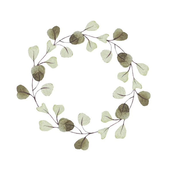 ユーカリのリース 植物のイラスト ユーカリの枝は丸いフレームを設計します 素朴な結婚式の緑 緑のトーン 水の色のスタイルは Thedateカードを保存地中海の木 すべての要素は隔離され — ストック写真