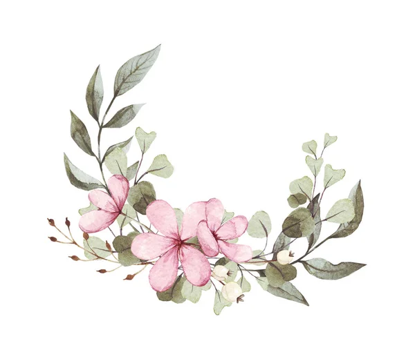 Composizione Floreale Illustrazione Botanica Fiore Rami Eucalipto Foglie Design Cornice — Foto Stock