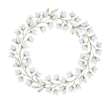 Saha mavisi çiçek seçme dalları çerçeve etrafında dizayn edilir. Kırsal düğün yeşilliği. Yeşil, mavi tonlar. El çizimi suluboya stili. Tarih kartını kaydet. Tüm elementler izole ve düzenlenebilir.. 