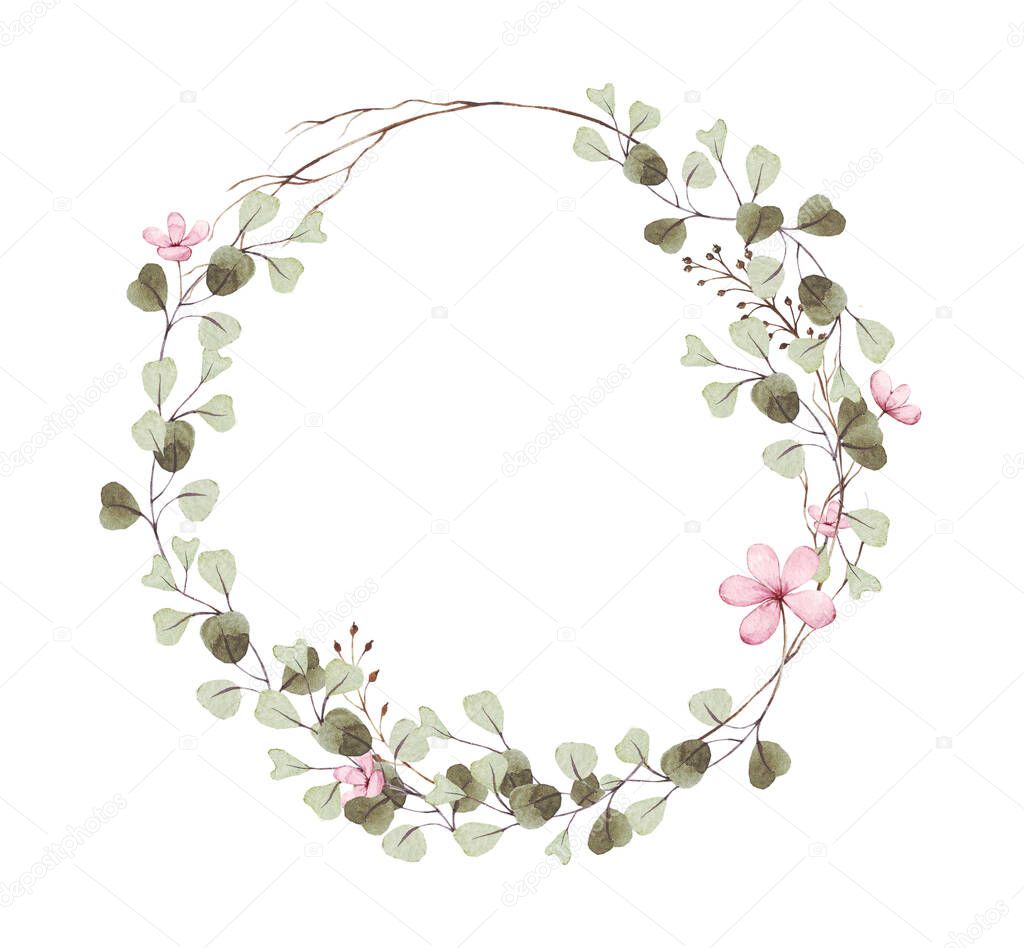 Eucalyptus branches, pink flowers design round frame. Rustic wedding greenery. Green, pink wreath. Hand drawn watercolor style save the date card.  All elements are isolated and editable. 