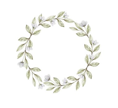 Saha mavisi çiçek seçme dalları çerçeve etrafında dizayn edilir. Kırsal düğün yeşilliği. Yeşil, mavi tonlar. El çizimi suluboya stili. Tarih kartını kaydet. Tüm elementler izole ve düzenlenebilir.. 