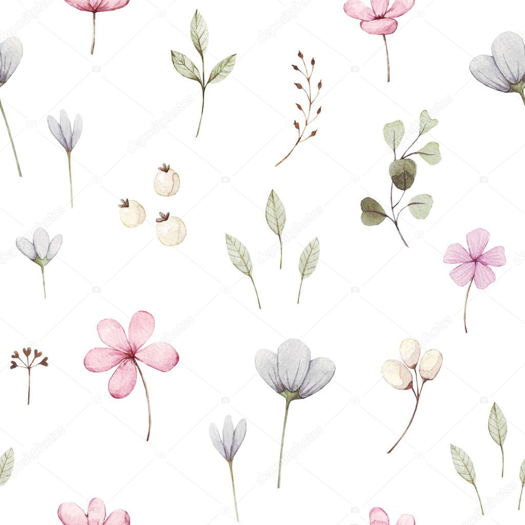 Cute Watercolor Floral Seamless  floral Surface Pattern with Pink and Blue small flowers and green leaves on white background. Hand drawn wildflowers. For wallpaper or fabric.