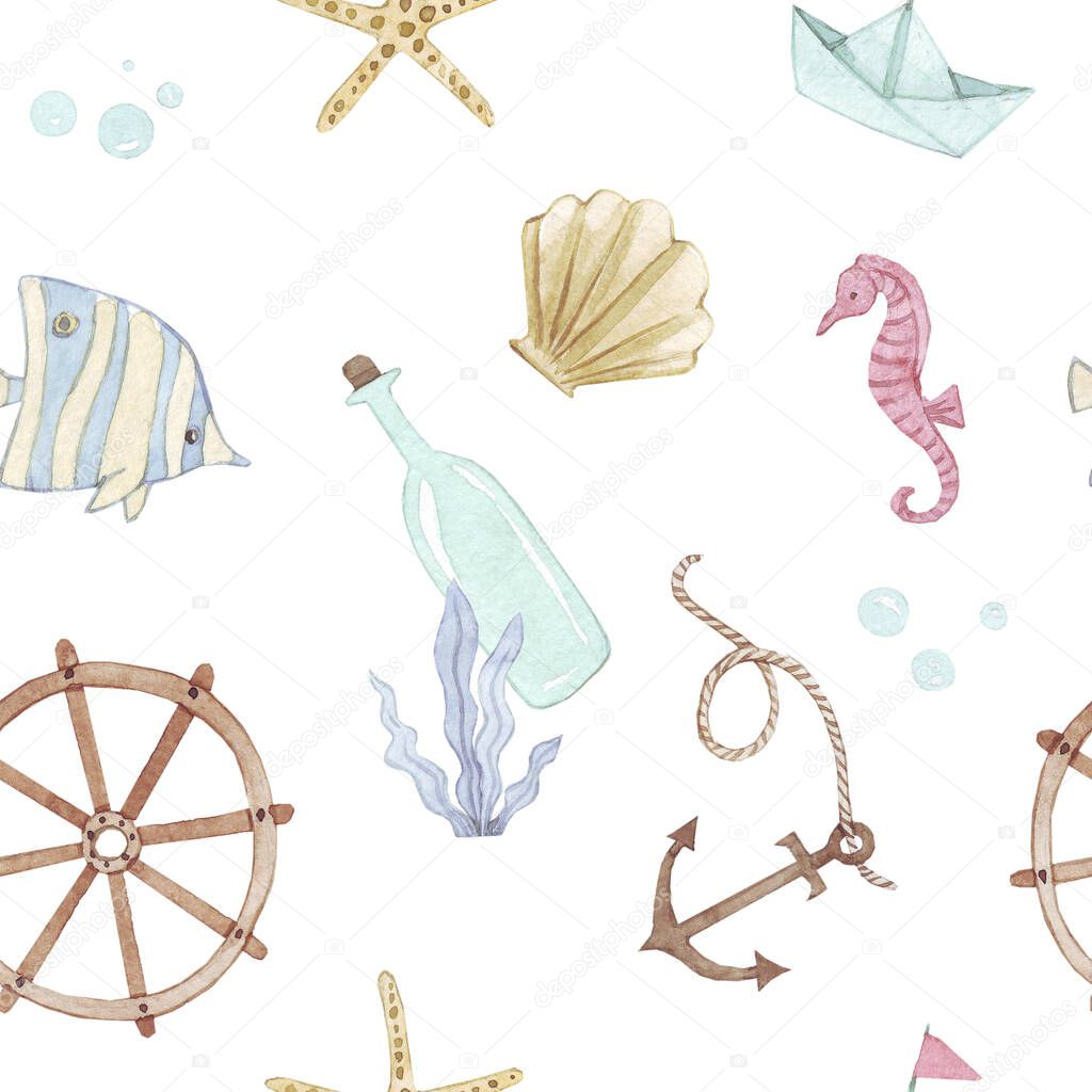 Cute samless pattern of marine things, anchor, shells, paper boat, fish, stars. Watercolor drawing by hand. For use in the design of covers, things, packaging, fabrics, on canvas, poster, postcard.