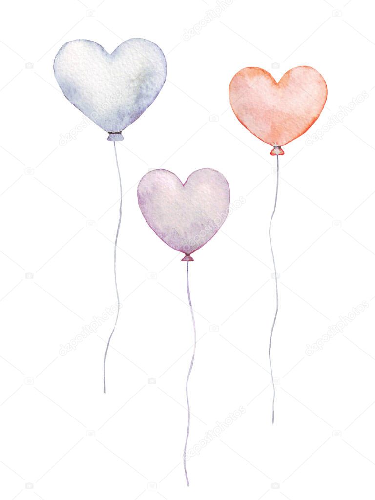 Cute watercolor hand drawn set with balloons on white background in different shapes. Blue, orange, violet heart illustration.