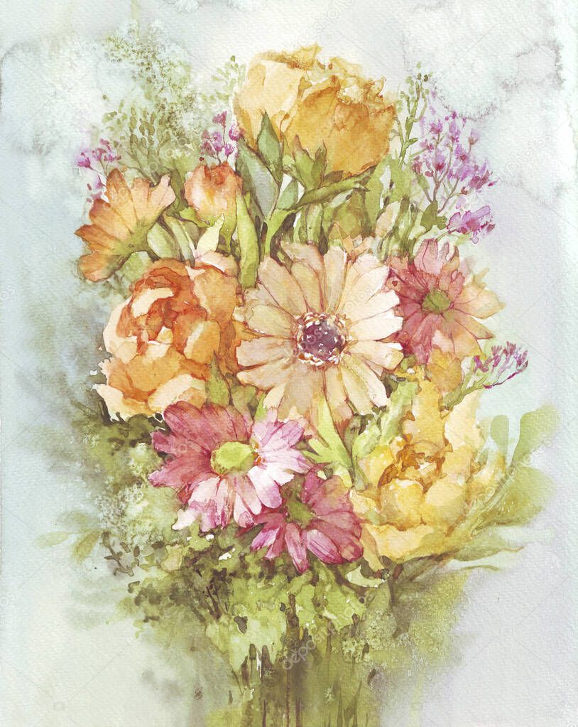 Cute Sunny Watercolor Floral Bouquet. Flowers watercolor illustration. Manual composition. Mother's Day, wedding, birthday, Easter, Valentine's Day. Pastel colors. Spring. Summer.