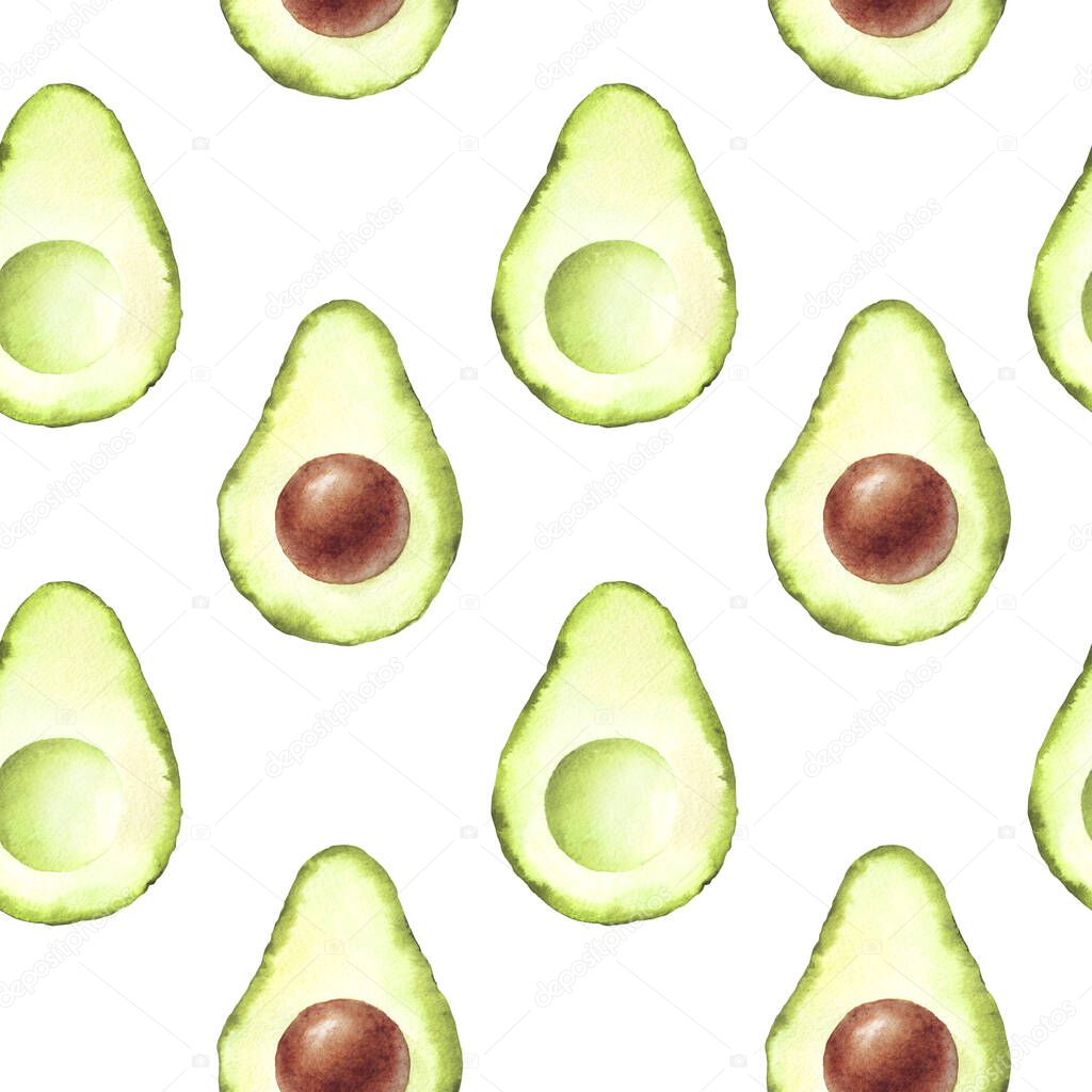 Avocado seamless pattern. Hand drawn watercolor pattern. For the design of menus, napkins, wrappers, packages, kitchen, textile design, print, wallpaper.