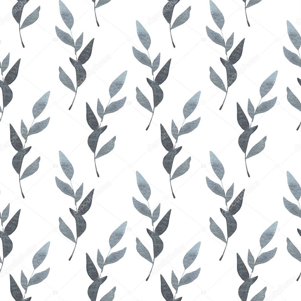 Hand drawn seamless pattern of leaves. Watercolor illustration of a plant ornament. Perfect for wrappers, wallpapers, postcards, greeting cards, design for paper, print textile and fabric. 