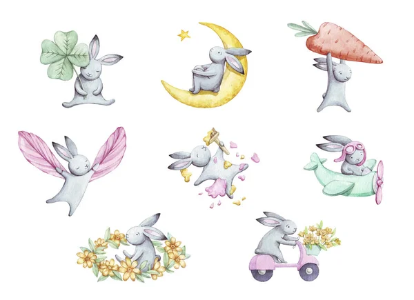 Cute set of cartoon watercolor bunny. Summer illustration. For childrens fabric, textile, print and postcard.