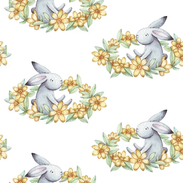 Cute seamless pattern watercolor cartoon bunny with yellow flowers wreath. Summer illustration. For baby textile, fabric, print and wallpaper.