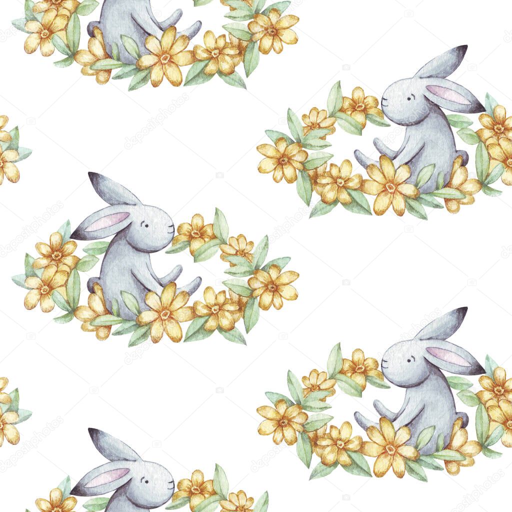 Cute seamless pattern watercolor cartoon bunny with yellow flowers wreath. Summer illustration. For baby textile, fabric, print and wallpaper.