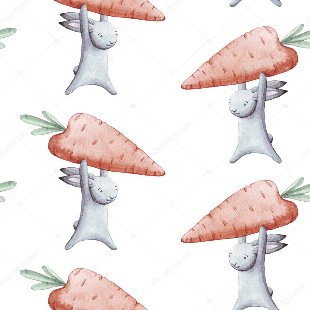 Cute seamless pattern watercolor cartoon bunny with vegetable carrot. Summer illustration. For baby textile, fabric, print and wallpaper.