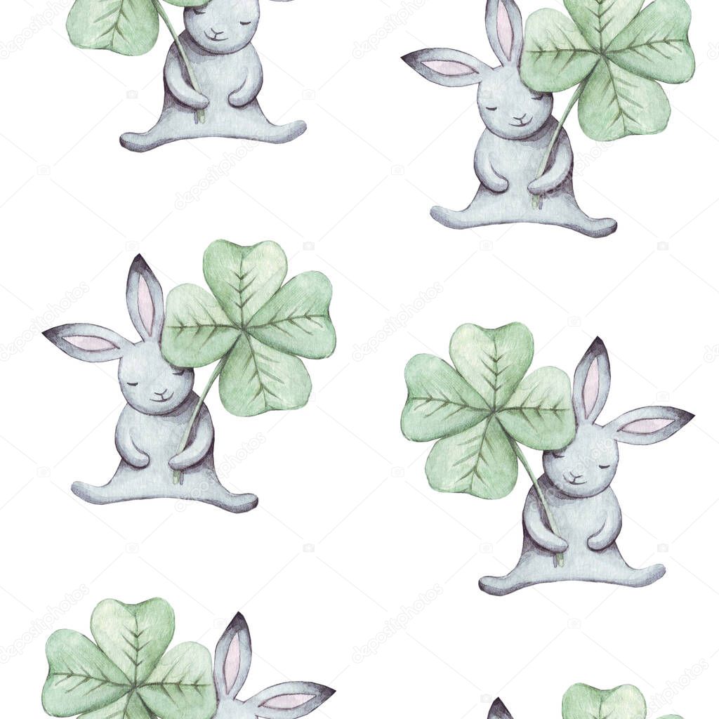 Cute seamless pattern watercolor cartoon bunny with green clover. Summer illustration. For baby textile, fabric, print and wallpaper.