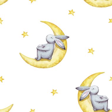 Hilal ay ve sarı yıldızlı, dikişsiz suluboya çizgi film tavşanı. Çocuk çizimi. Bebek tekstil, kumaş, baskı ve duvar kağıdı için..