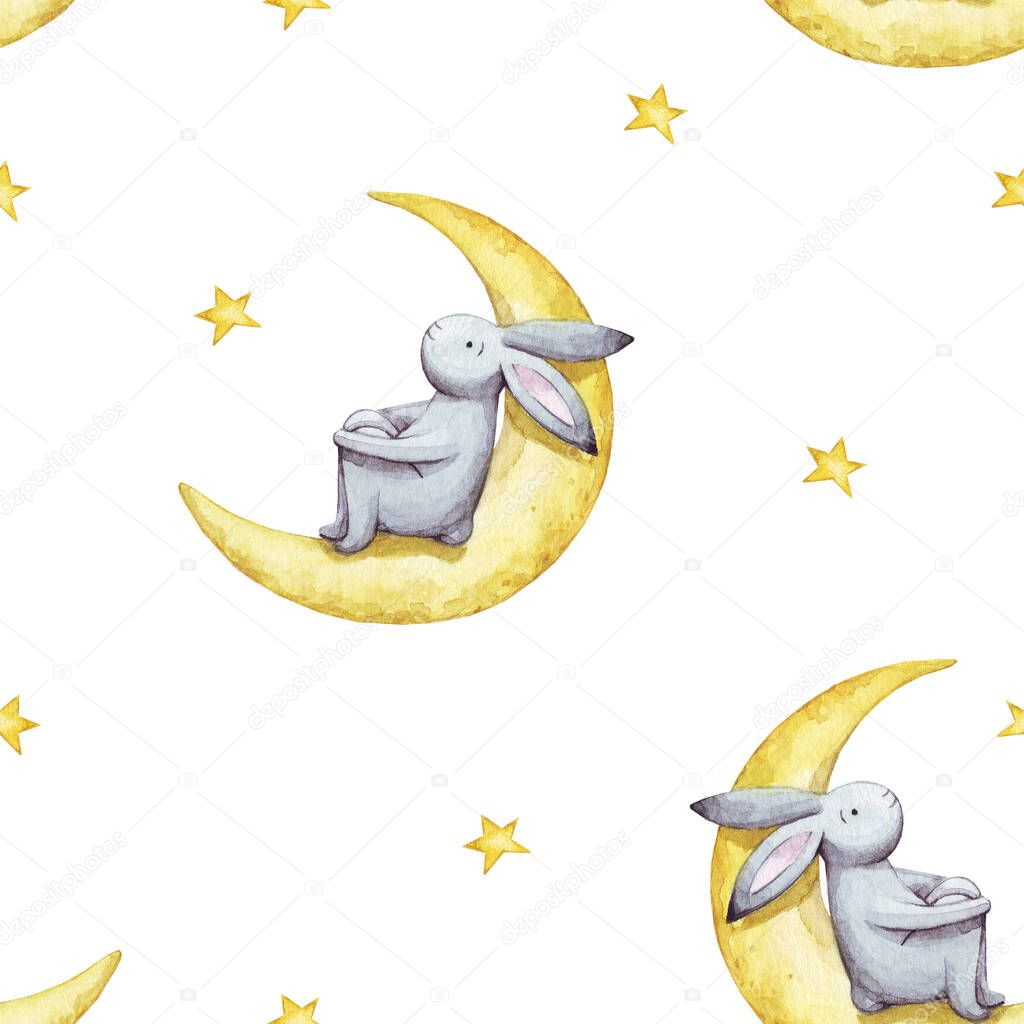 Cute seamless pattern watercolor cartoon bunny with crescent moon and yellow stars. Kids illustration. For baby textile, fabric, print and wallpaper.