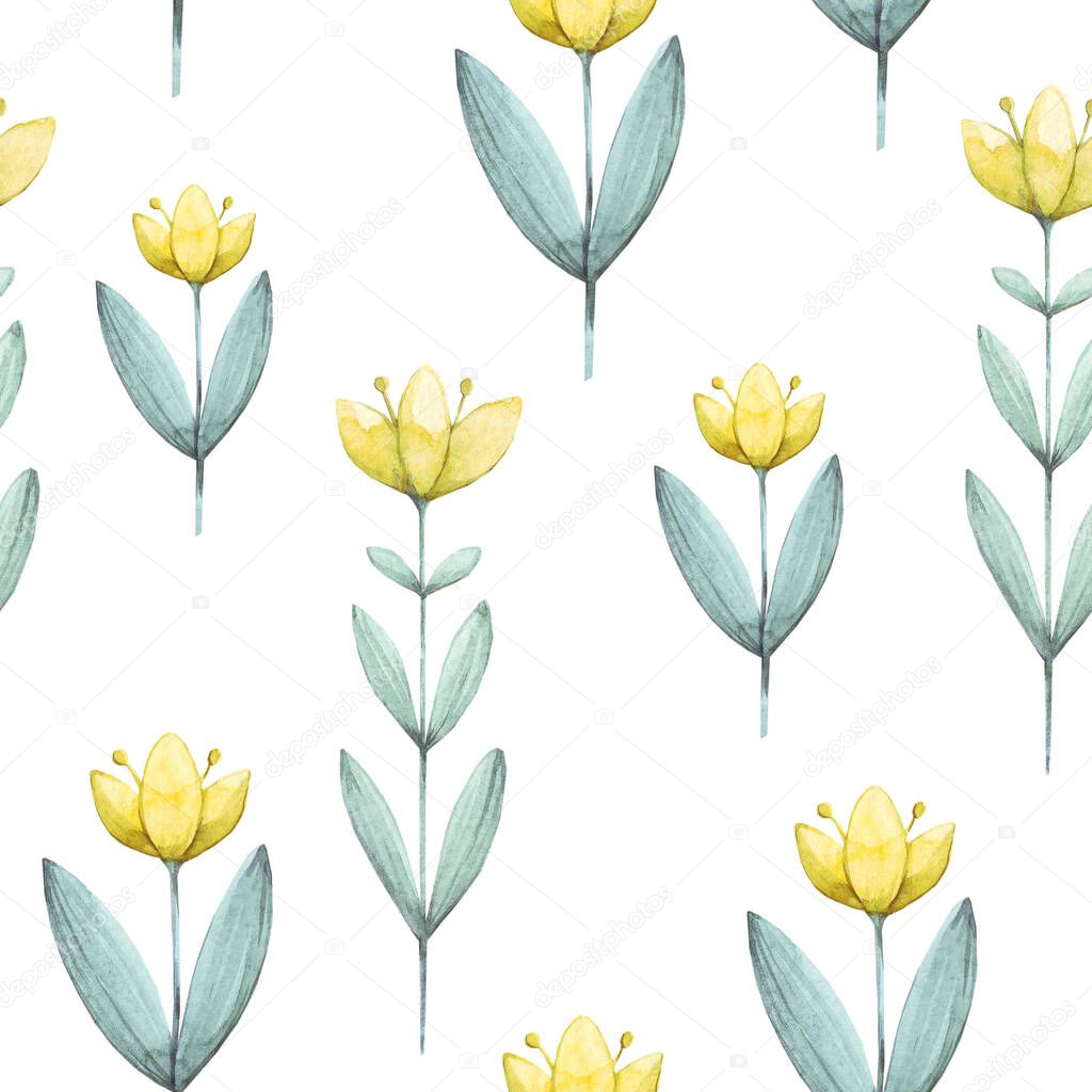 Cute yellow tulips. Branch of flowers on a white background. Fresh spring print with opened tulips for print, fabric, textile, wallpaper, wedding printing. Watercolor seamless pattern.