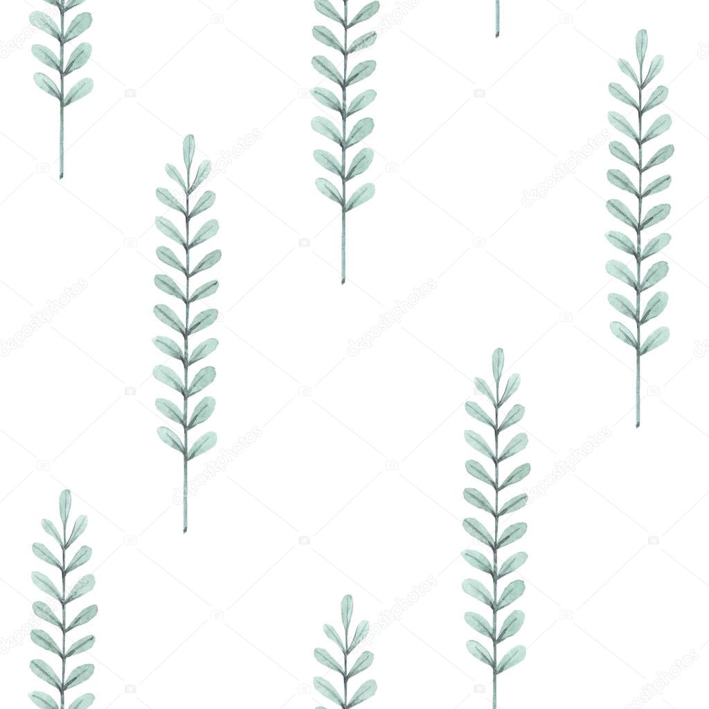 Hand drawn watercolor seamless pattern with leaves and twigs. Green plants on a white background. Design for fabric, wallpaper, napkins, textiles, packaging, backgrounds. Delicate and stylish.