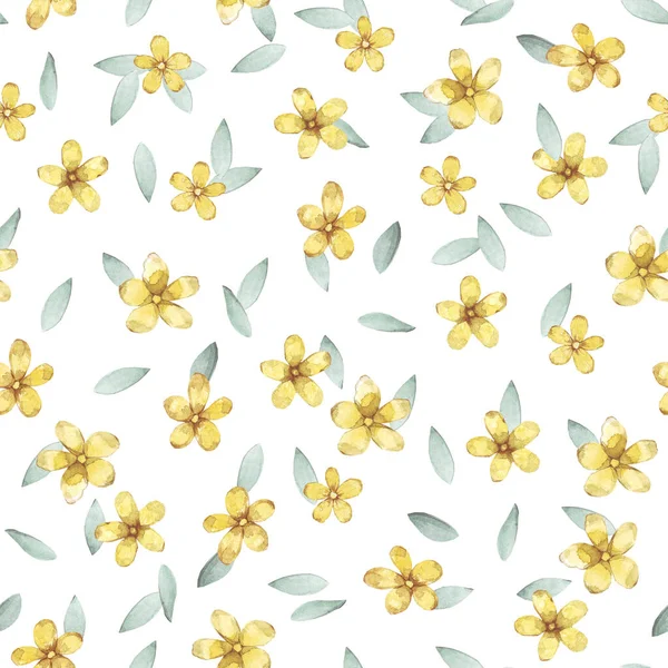 Elle Çizilmiş Suluboya Sarı Çiçekler Yapraklarla Kusursuz Desen Beyaz Arka — Stok fotoğraf