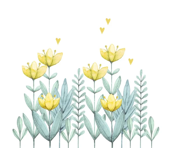 手描き水彩黄色の花や葉 白い背景に緑の植物 ファブリック ナプキン 背景のためのデザイン 繊細でスタイリッシュな — ストック写真