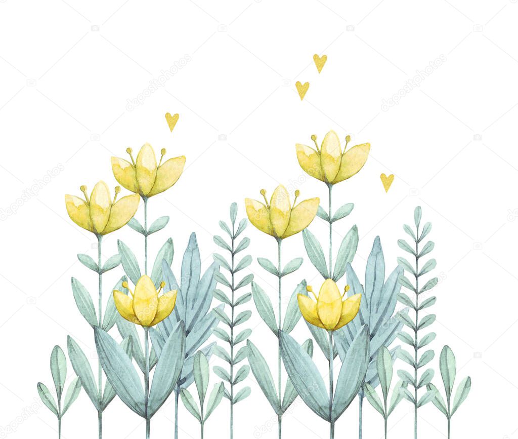 Hand drawn watercolor yellow flowers and leaves. Green plants on a white background. Design for print, fabric, wallpaper, napkins, textiles, packaging, backgrounds. Delicate and stylish.