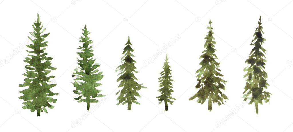 Cute watercolor set of green pine trees for Christmas and New Year decoration. Tree silhouettes illustrations isolated on white background. Can be used for design textile, print, wallpaper.