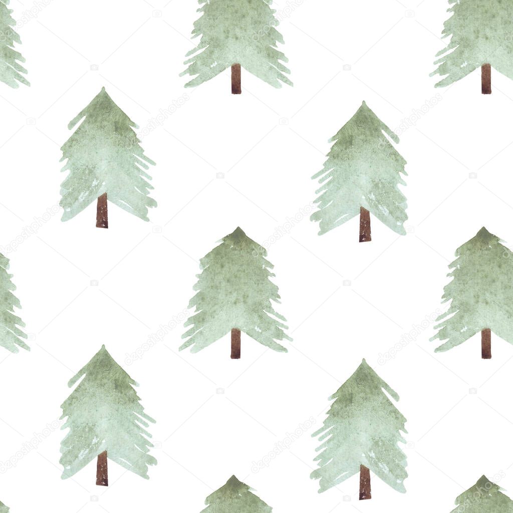 Cute watercolor pattern of green pine trees for Christmas and New Year decoration. Tree silhouettes illustrations isolated on white background. Can be used for design textile, print, wallpaper.