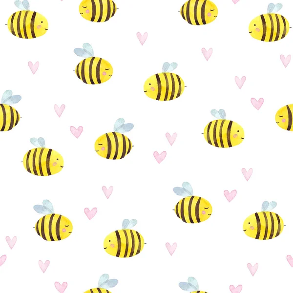 Cute watercolor bees with pink hearts pattern isolated on white background. Hand painted texture for wallpaper, print, fabric.
