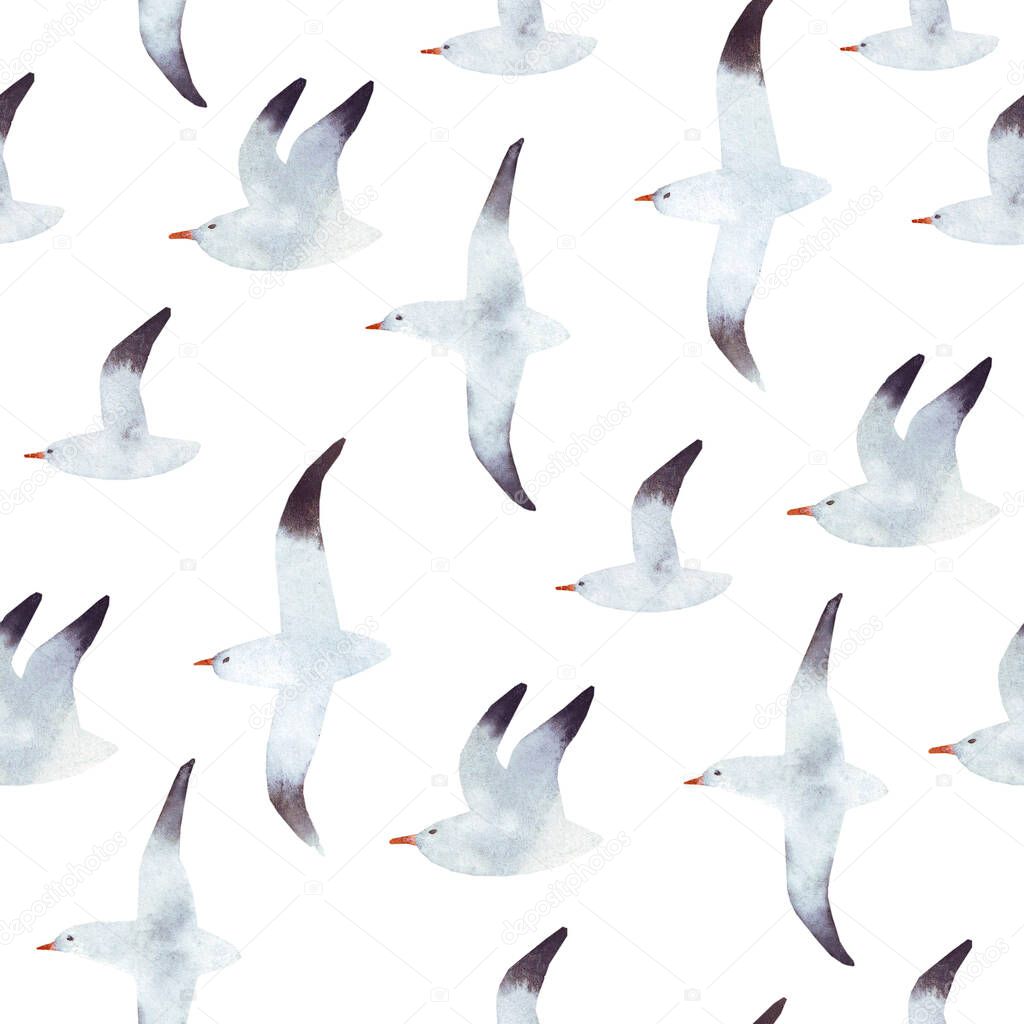 Abstract watercolor background with flying seagulls. White seagull isolated on the white background. Sea background with a minimalistic ornament. For wallpaper, print, fabric. 