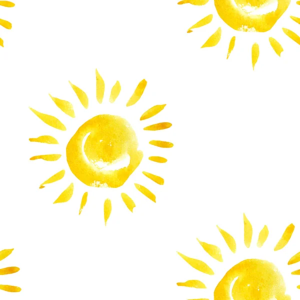 子供のイラストを手描き 夏のテクスチャ 水彩抽象的な背景 黄色の太陽のシームレスパターン — ストック写真