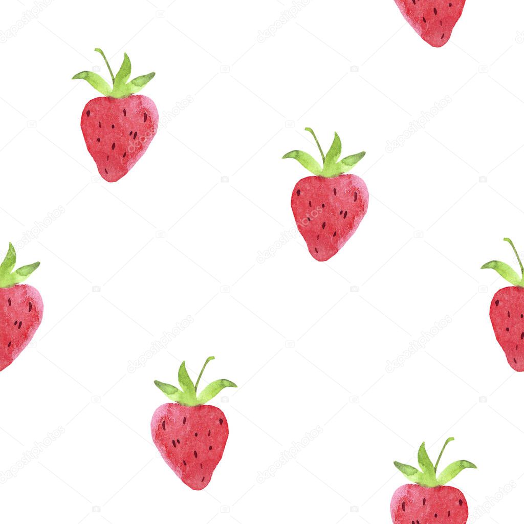 Fresh red strawberry seamless pattern. Hand drawn watercolor background.  Image of a summer berries. For print textile, fabric, wallpaper.