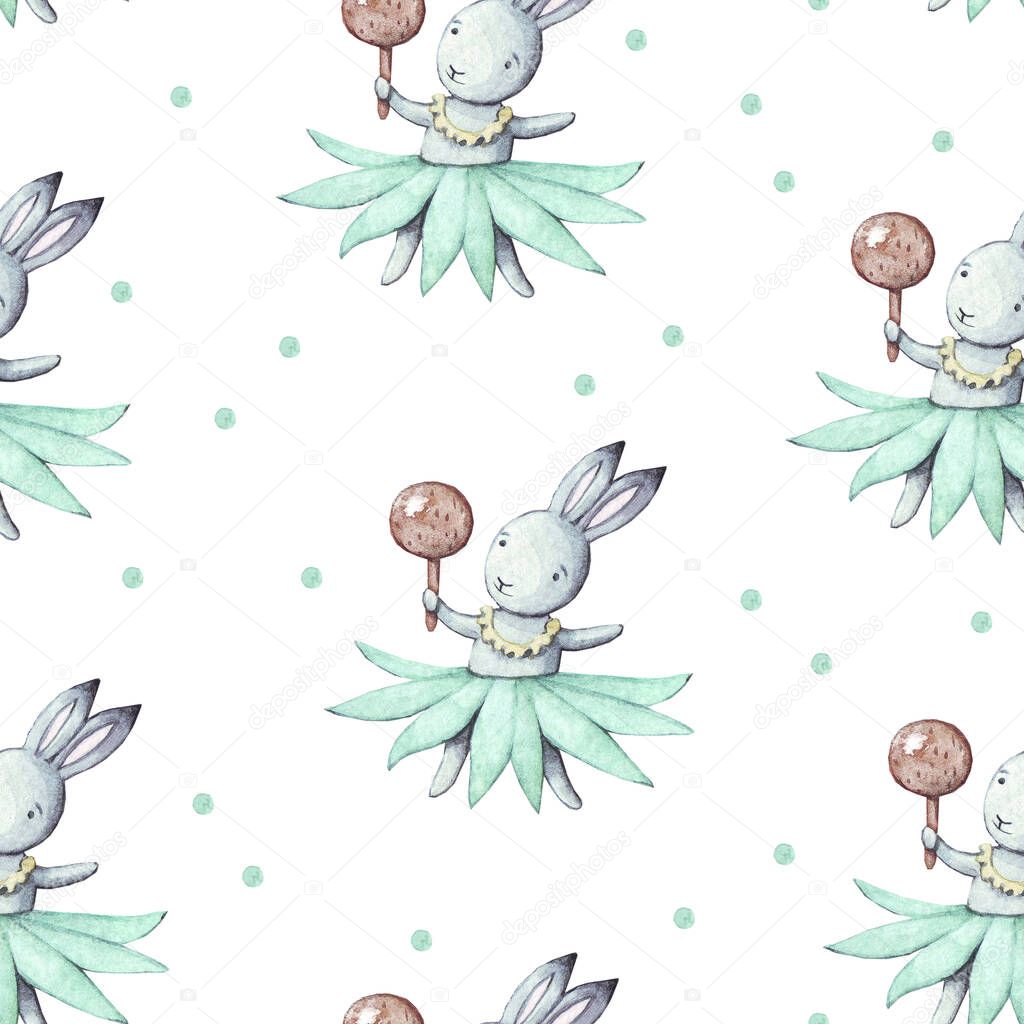 Cute Bunny with maraca. Seamless Pattern with rabbit. Watercolor white background. Cartoon hare illustration for kids. For print, textile, fabric, wallpaper.