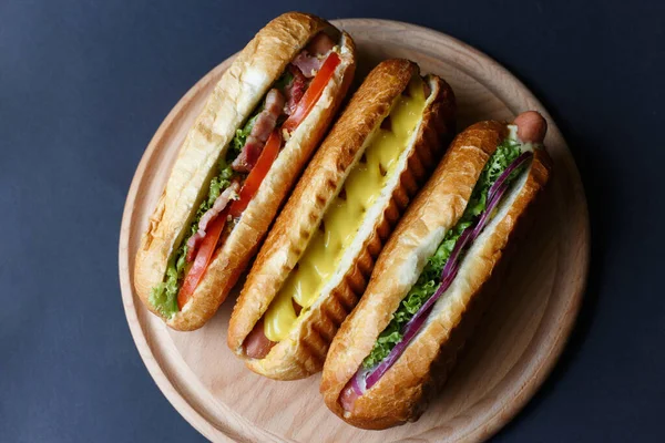Three Hot Dogs Lying Wooden Plate Mock — Stock Photo, Image