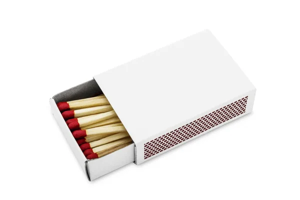 Meia caixa de fósforos em branco aberta com fósforos no interior isolados em branco — Fotografia de Stock
