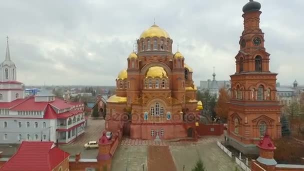 Aerial shot of Holy Trinity Convent of Mercy. Saraktash. Russia. — Stock Video