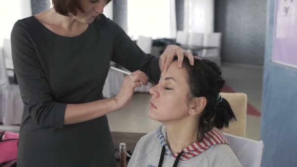 Masterclass voor make-up artiesten. Werken met oogschaduw. — Stockvideo
