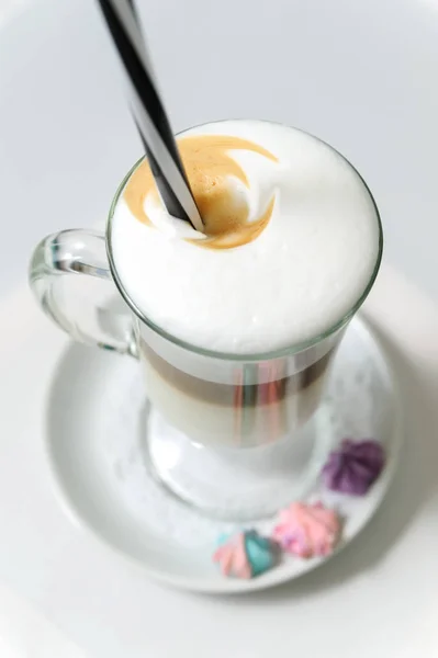 Latte with thick foam in a glass. — Stock Photo, Image