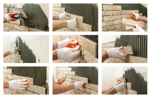 Collage of photos of construction work. Installation of ceramic tile on the wall.