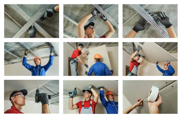 Collage Photos Construction Work Installing Drywall Ceiling Wall — Stock Photo, Image