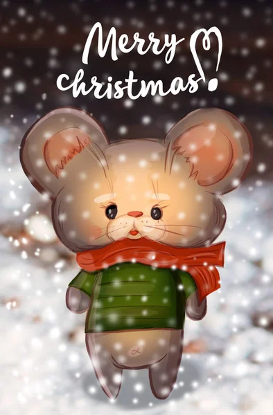 Christmas greeting card with cute mouse — Stock Photo, Image