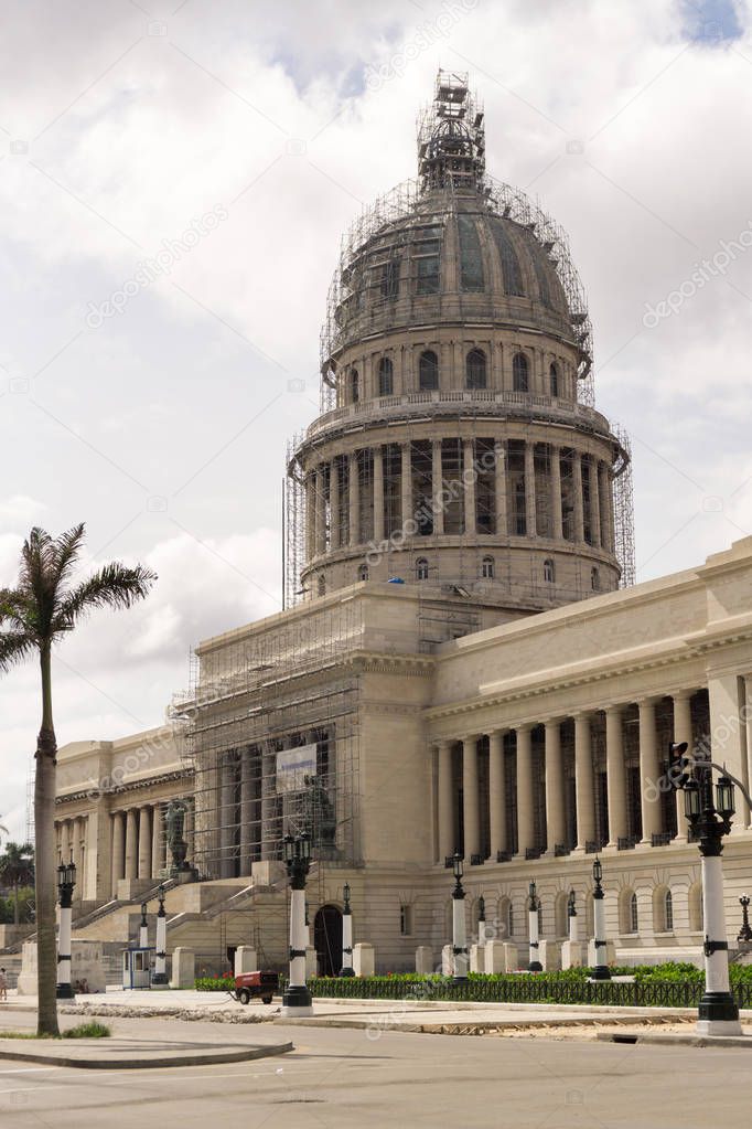 The Capitol building and heavy traffic of city center, Havana, Cuba