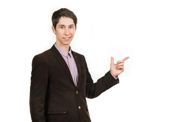 Empresário feliz apontando o dedo para cima no terno marrom — Fotografia de Stock