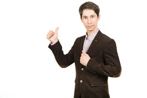 Feliz hombre de negocios señalando su dedo hacia arriba en el traje marrón — Foto de Stock